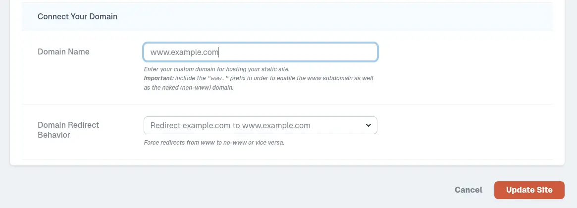 Staatic Cloud Connect Your Domain settings showing a custom domain and redirect behavior.