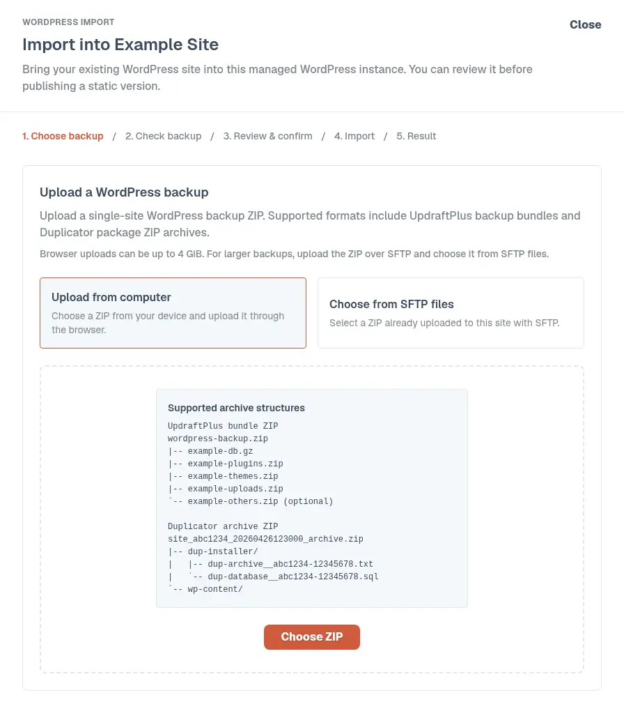 Staatic Cloud WordPress import dialog showing upload from computer and choose from SFTP files options.