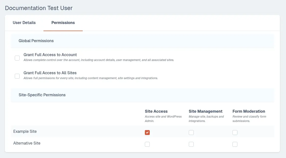 Staatic Cloud team member permissions screen showing global permissions and site-specific permissions for individual sites.