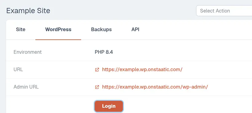 Staatic Cloud WordPress tab showing the Login button used to open WordPress Admin.