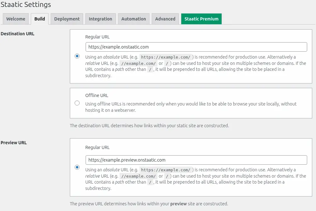 Staatic Build Settings screen showing Destination URL and Preview URL fields for separating the public static site from the preview target.